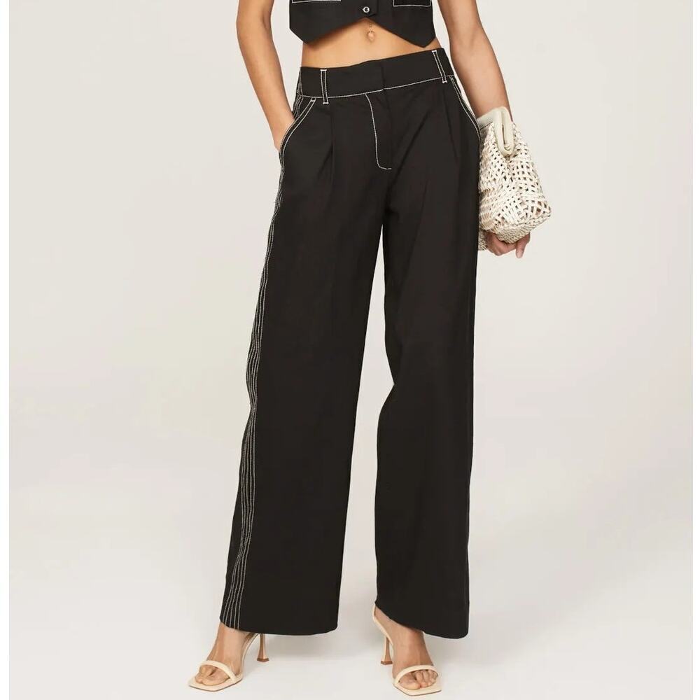 Jonathan Simkhai Tavar Pants Linen Blend Contrast Side Panel Wide Leg Black XS